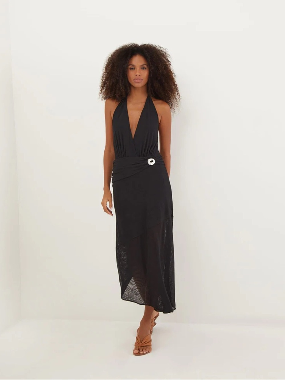 ViX Paula Hermanny zita black mesh midi dress with silver emblem buckle